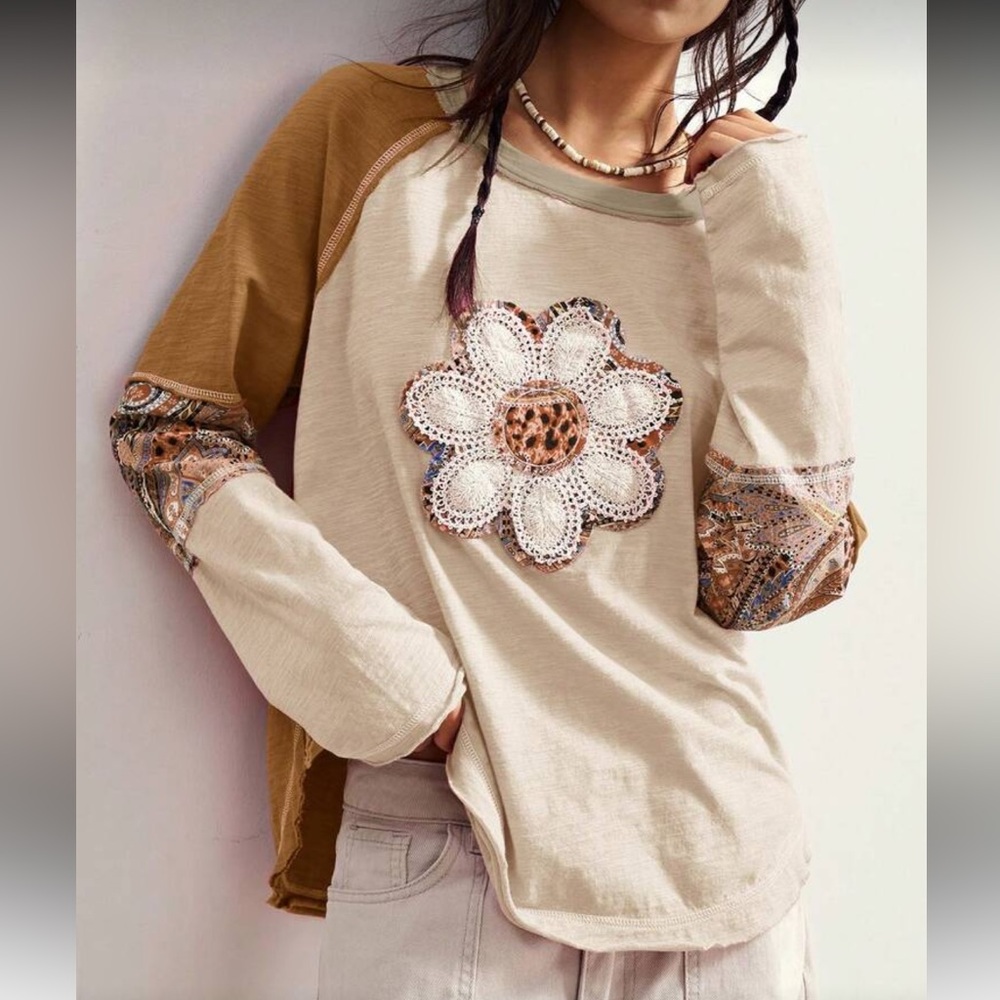Plus Size Cotton Boho Patchwork Long Sleeve Loose Washed Graphic T-Shirt